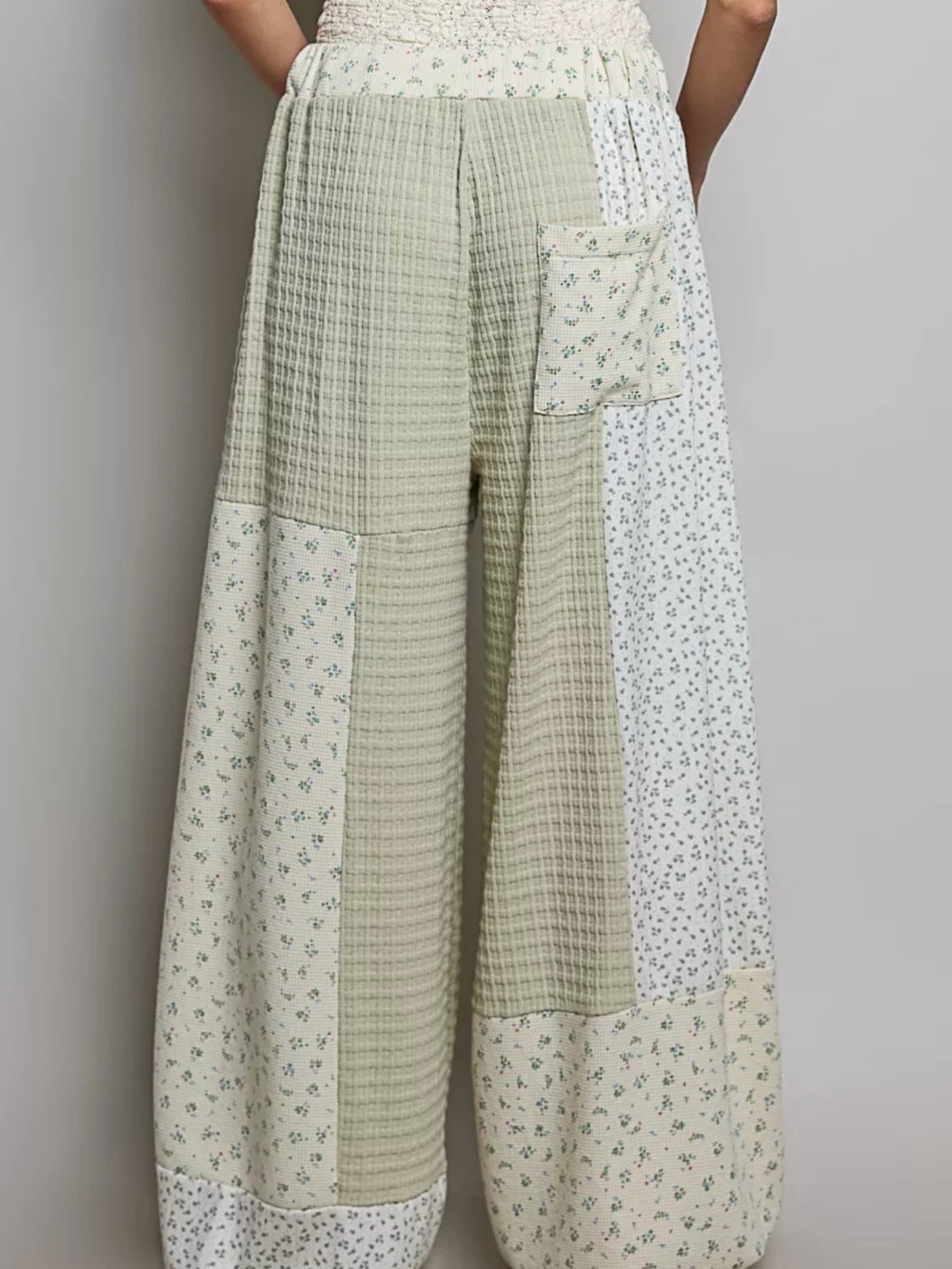 POL Relaxed Wide-Leg Patchwork Pants in Sage Green - Picture 3 of 8